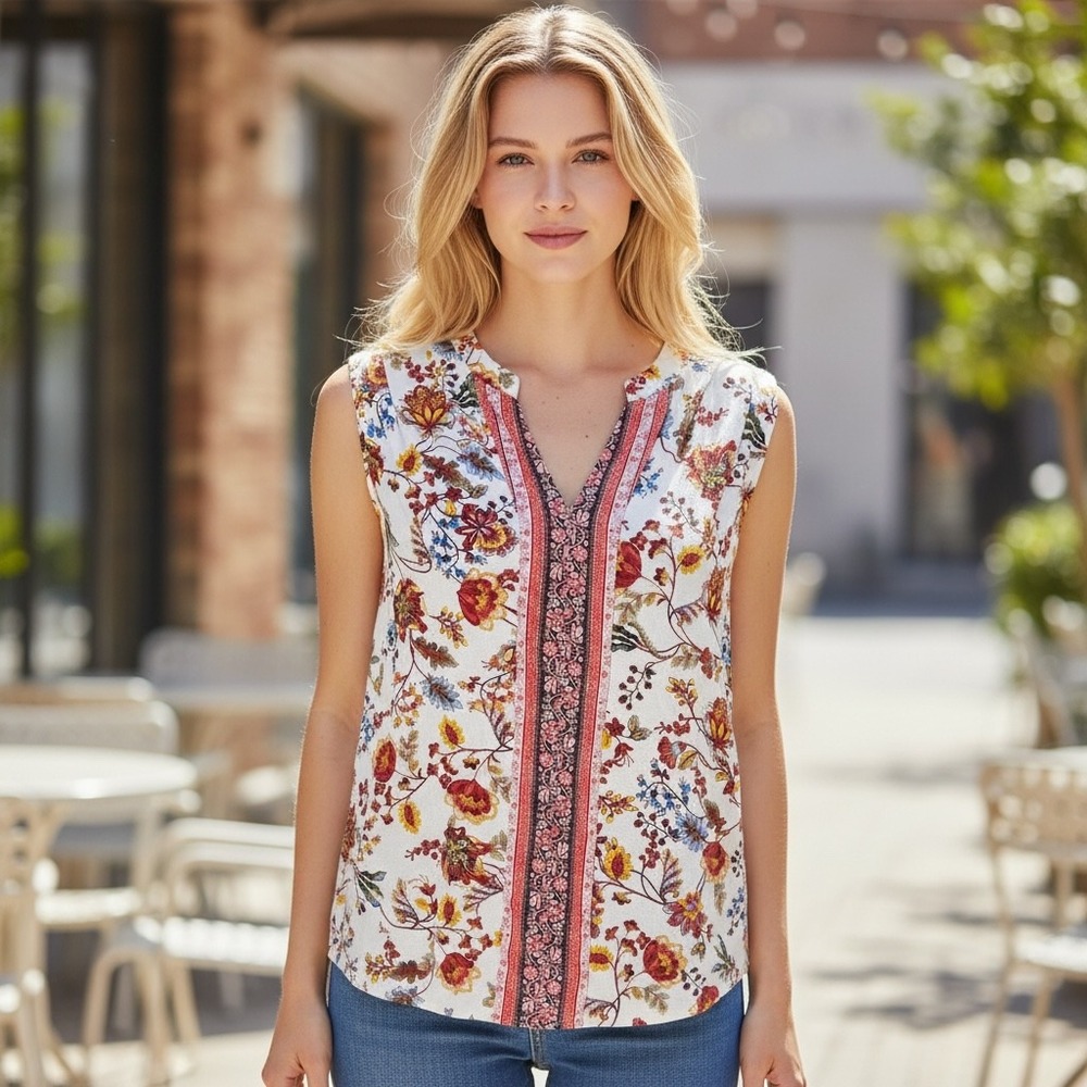 Cupio Floral Sleeveless Blouse Womens Medium Cream Boho Split Neck Top